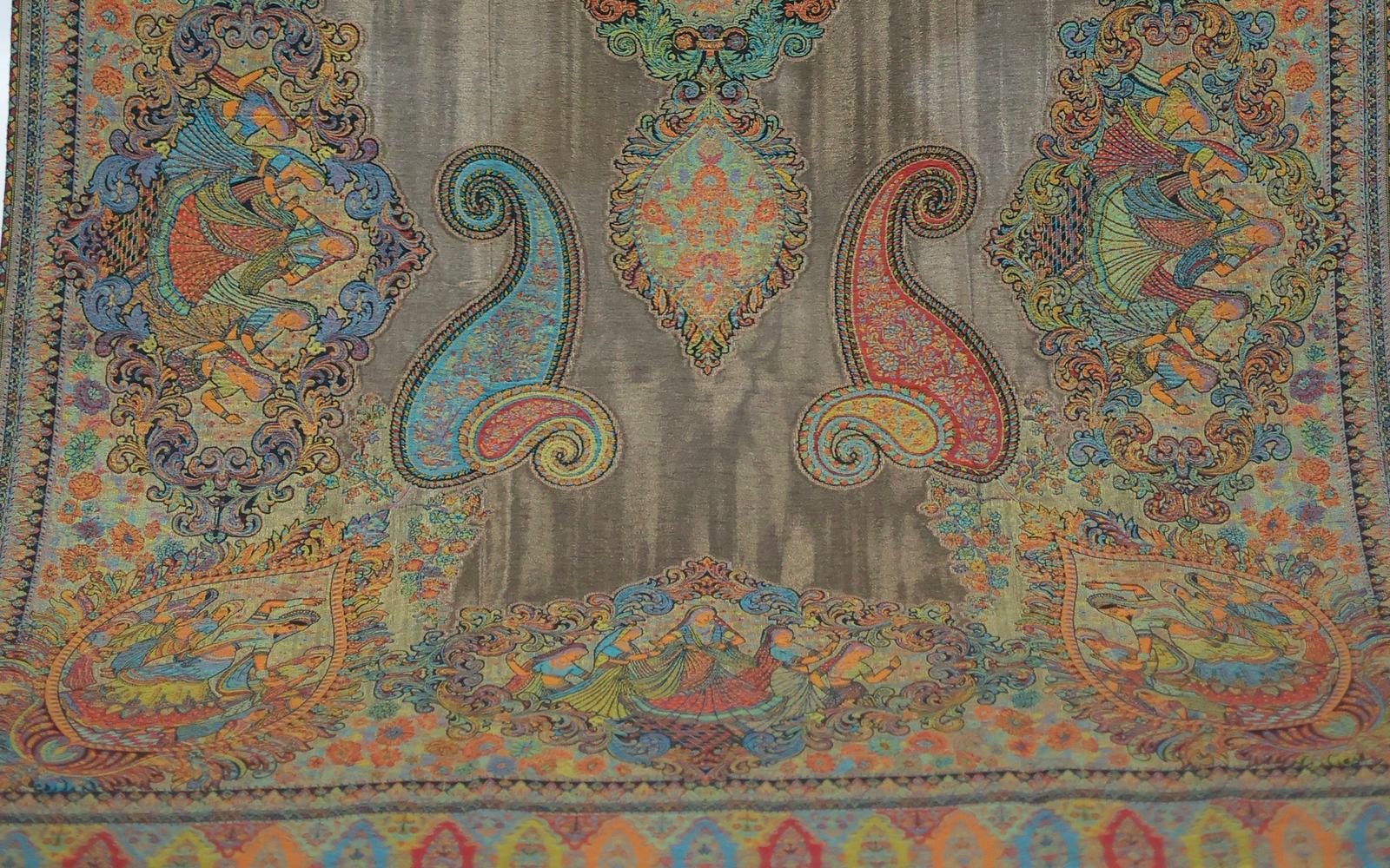 Detail of a hand-woven Kashmiri shawl, showing the kunj motif and woven border