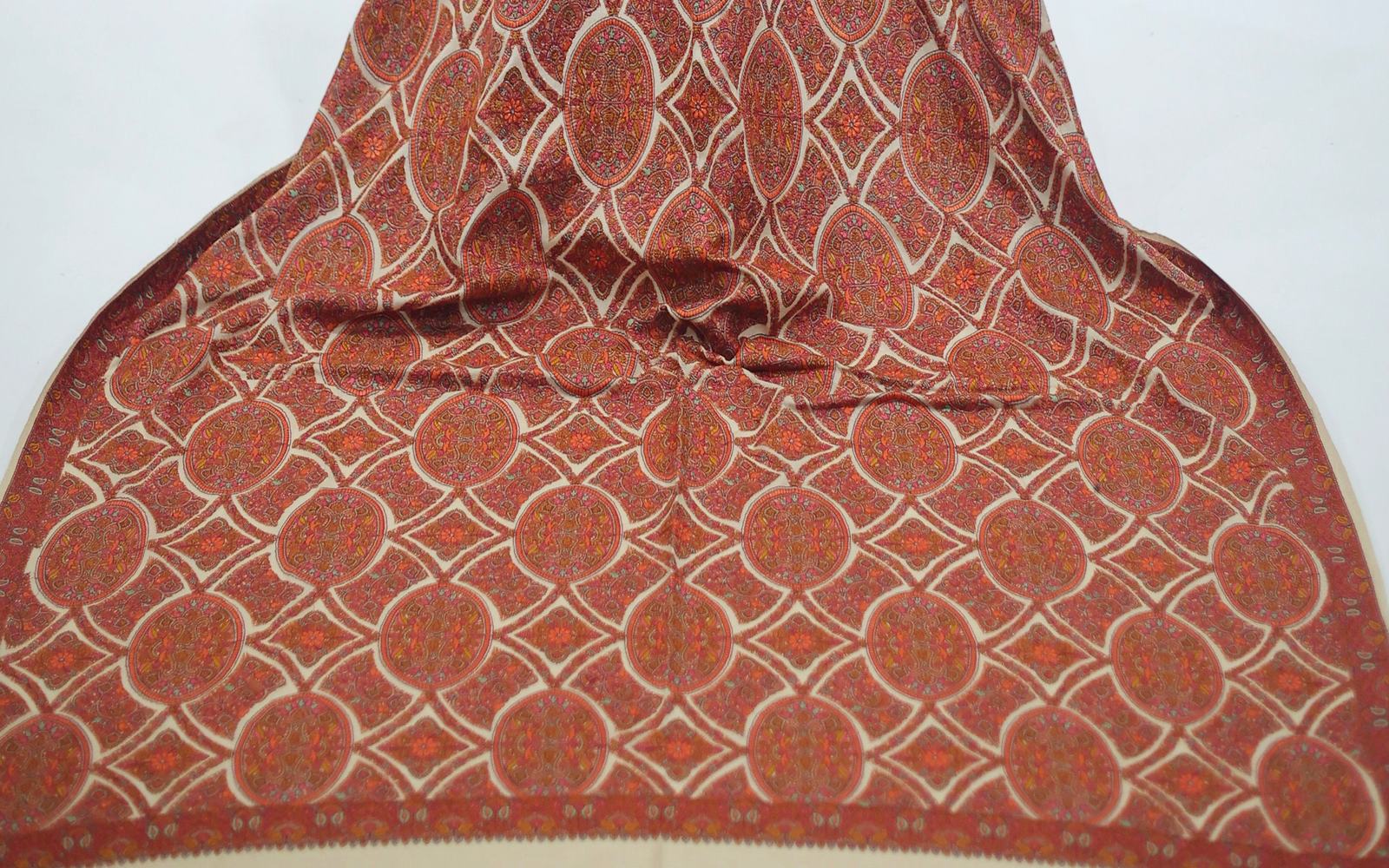 Detail of a hand-woven Kashmiri shawl, showing the kunj motif and woven border